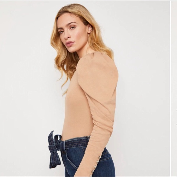 76. BCBGMAXAZRIA Ruched Puff Sleeve Bodysuit in Camel - Picture 3 of 14